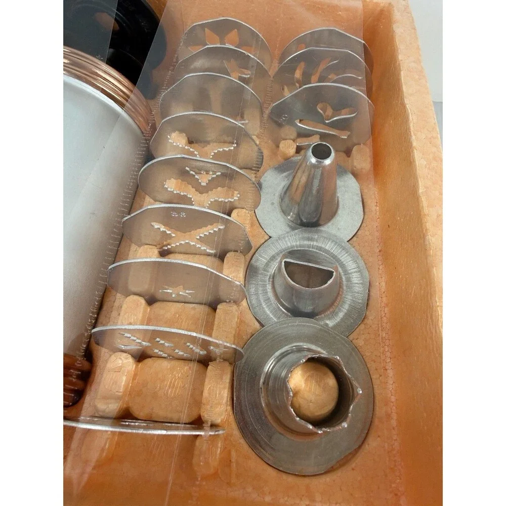 VTG Copper Mirro Cookie Pastry Press Spritz 12 Discs Box 3 Tips M-0358-22 Cooky